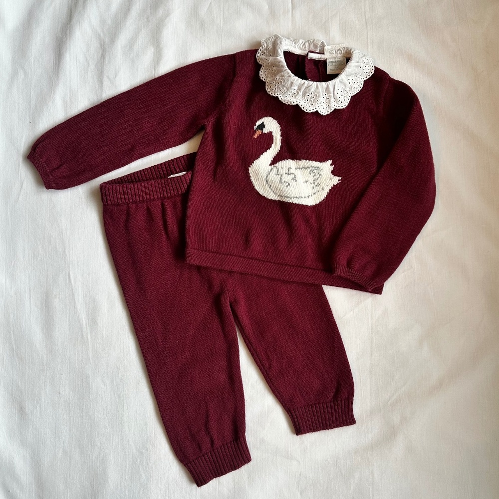 Edgehill Collection Burgundy 2-Piece Baby Knit Set Swan Sweater & Pants Cotton